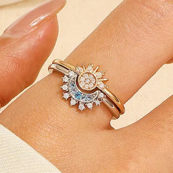 Set de Anillos de Plata de Ley 925 con Diseño de Sol y Luna para Mujer, con Circonitas Brillantes, Elegantes para Parejas.