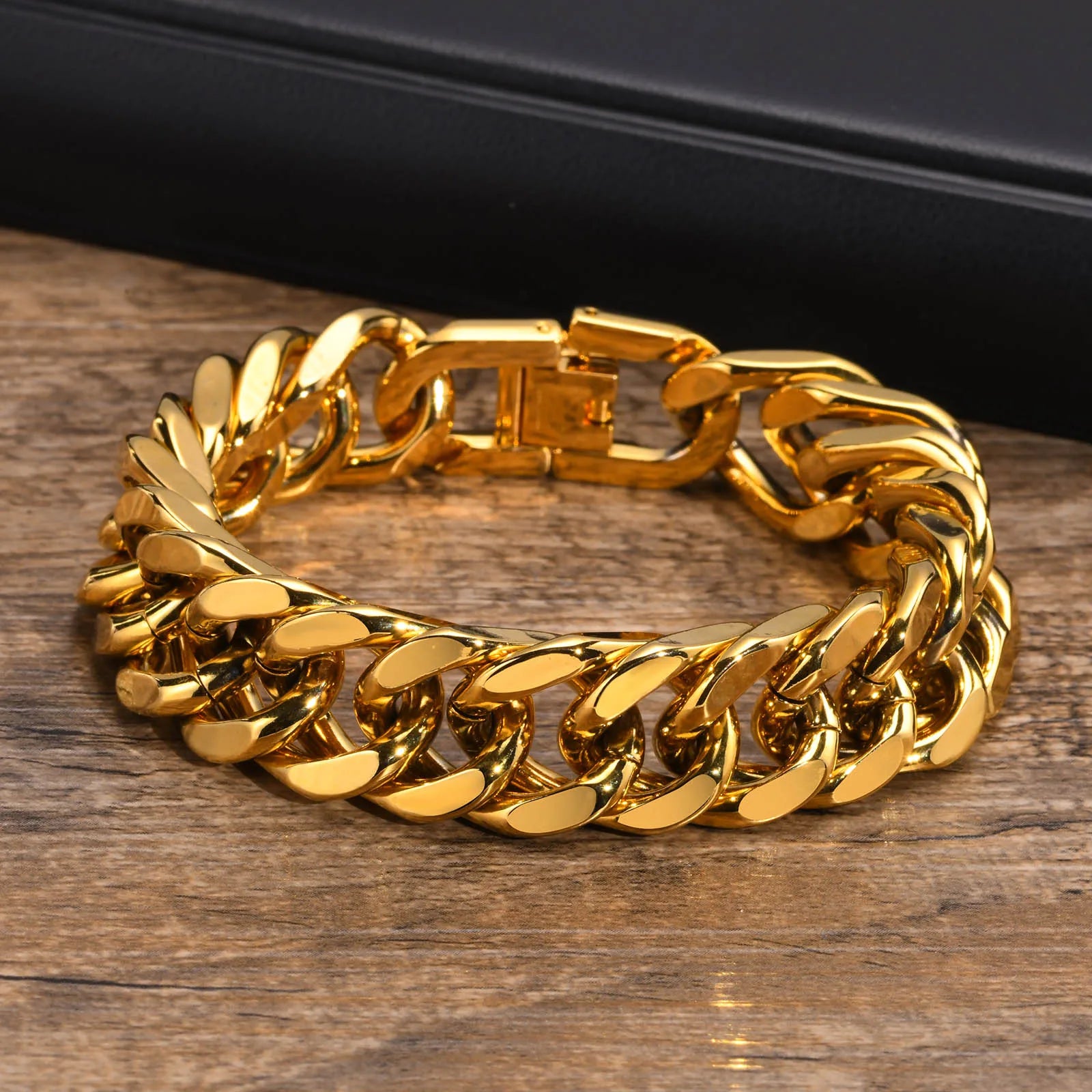 Gold Plated Men'S Chunky Chain Bracelet,Stainless Steel Thick Cuban Chain Wristband,Hip Hop Punk Luxury Jewelry Gift for Him