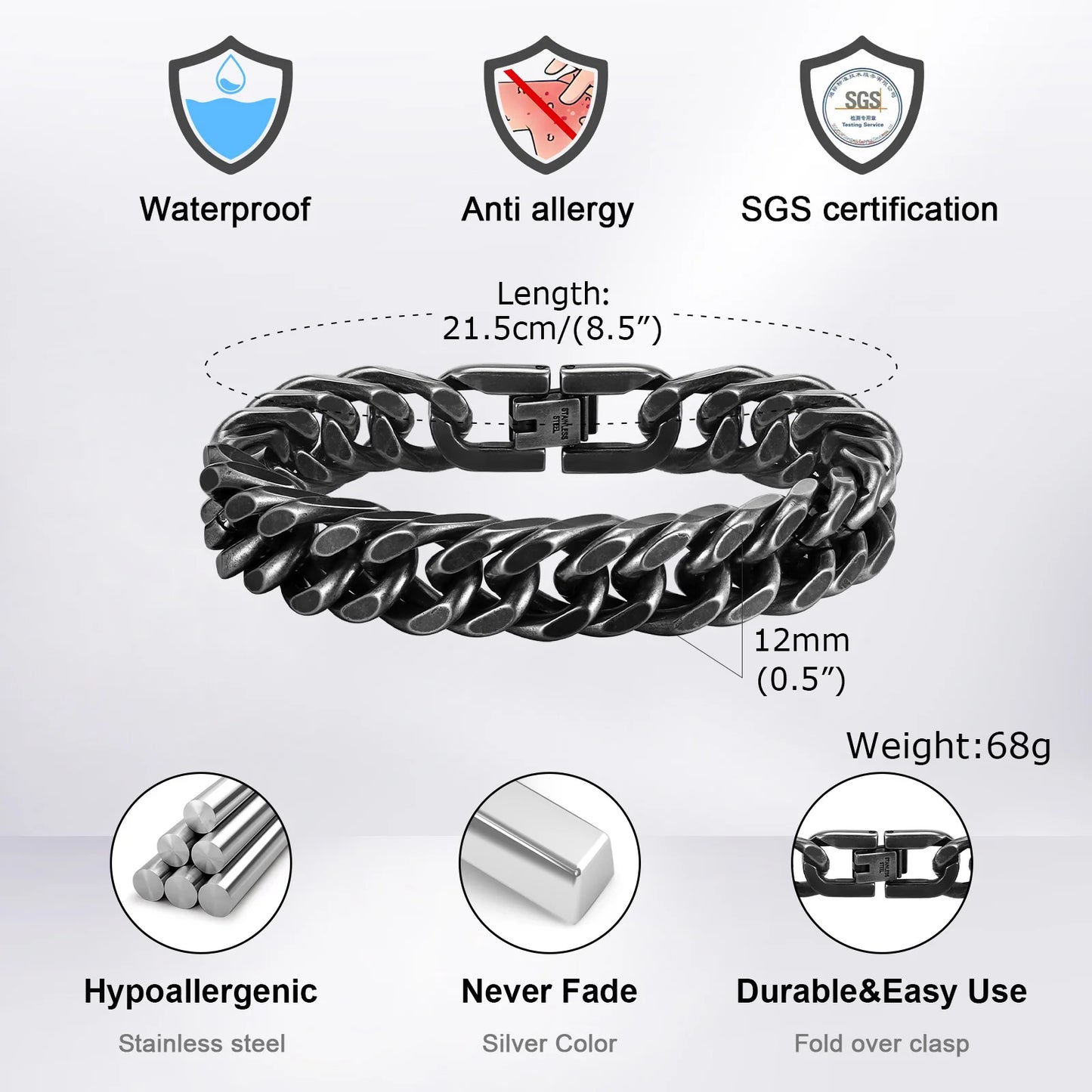 Gold Plated Men'S Chunky Chain Bracelet,Stainless Steel Thick Cuban Chain Wristband,Hip Hop Punk Luxury Jewelry Gift for Him