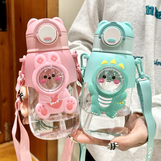 Botella de agua portátil para niños de 660 ml con diseño de dibujos animados, pajilla y correa - gran capacidad con diseño kawaii para niños