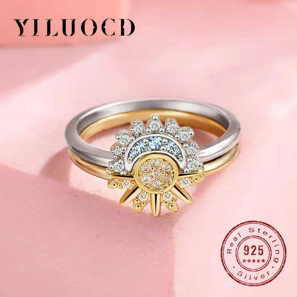 Sparkling 925 Sterling Silver Sun and Moon Ring Set for Women - Elegant Cubic Zirconia Stackable Promise Rings for Couples
