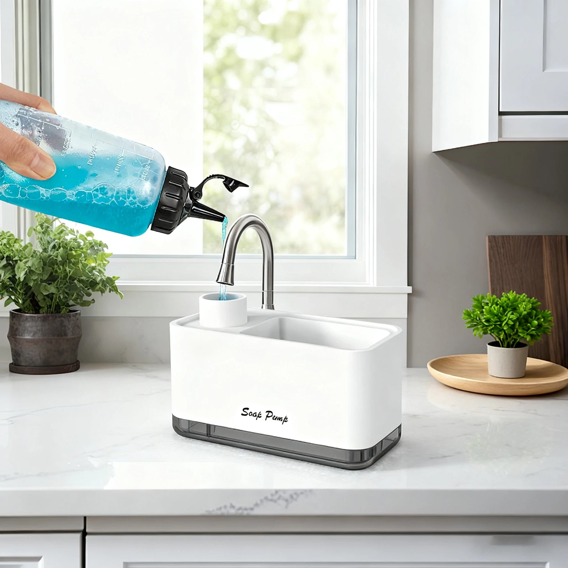 Dispensador profesional de jabón para cocina con soporte para esponja y sistema de bomba con organizador (caddy)