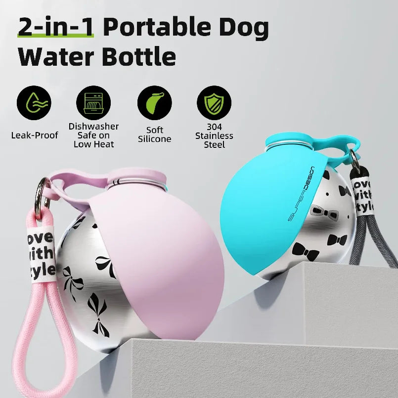 Botella portátil 2 en 1 para agua de perros pequeños – solución de viaje compacta y a prueba de fugas – diseño de acero inoxidable y silicona.