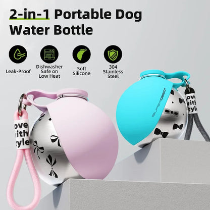 Botella portátil 2 en 1 para agua de perros pequeños – solución de viaje compacta y a prueba de fugas – diseño de acero inoxidable y silicona.
