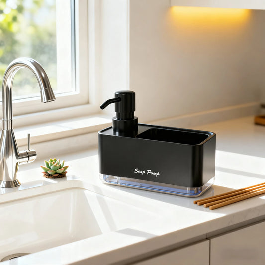 Dispensador profesional de jabón para cocina con soporte para esponja y sistema de bomba con organizador (caddy)