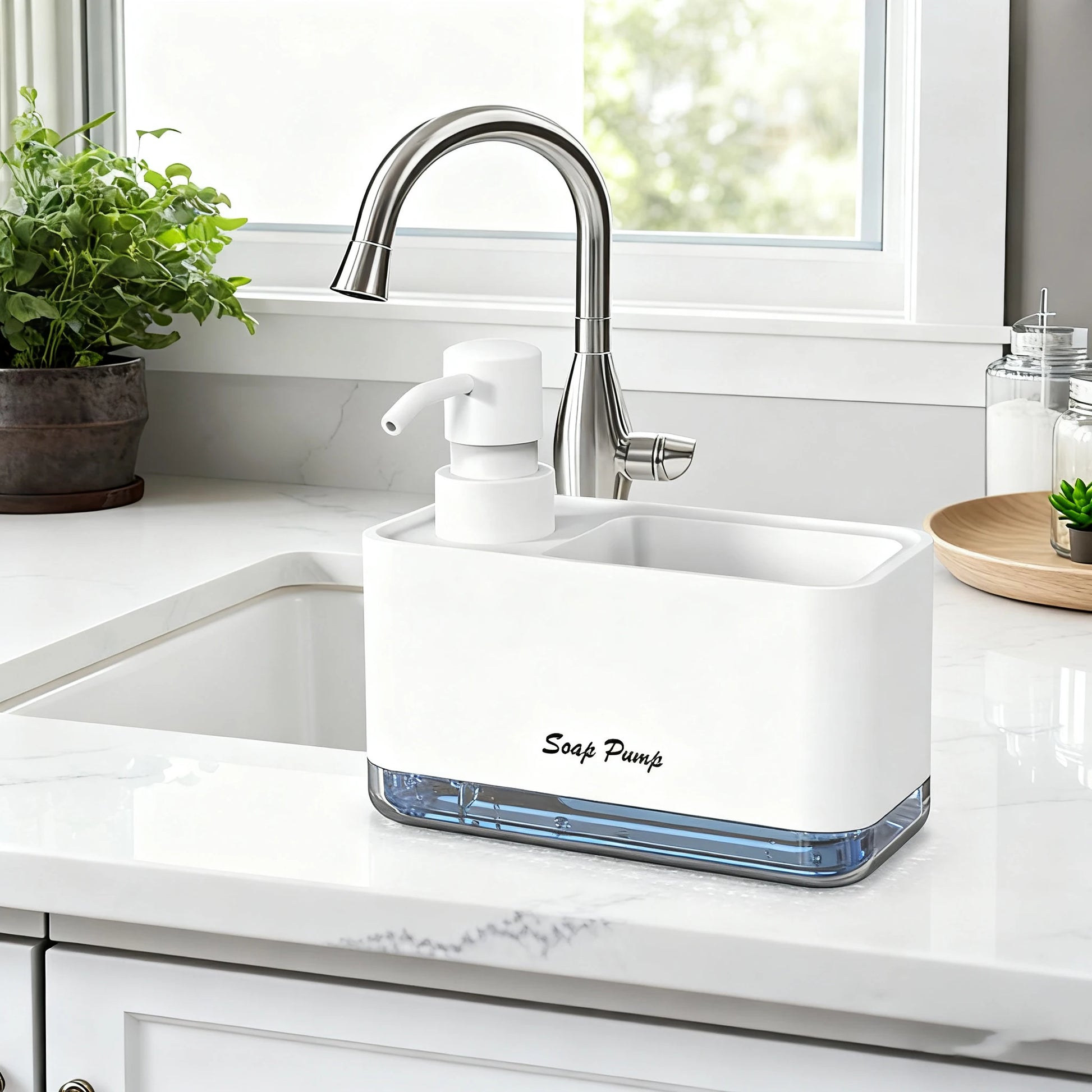 Dispensador profesional de jabón para cocina con soporte para esponja y sistema de bomba con organizador (caddy)