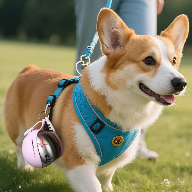 Botella portátil 2 en 1 para agua de perros pequeños – solución de viaje compacta y a prueba de fugas – diseño de acero inoxidable y silicona.