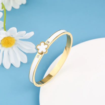 Chunky 18K Plating Stainless Steel Five Leaf Flower Open Bangle for Women Waterproof Party Wrist Jewelry 2025 Bijoux Clover
