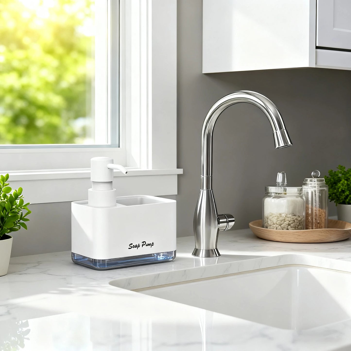 Dispensador profesional de jabón para cocina con soporte para esponja y sistema de bomba con organizador (caddy)