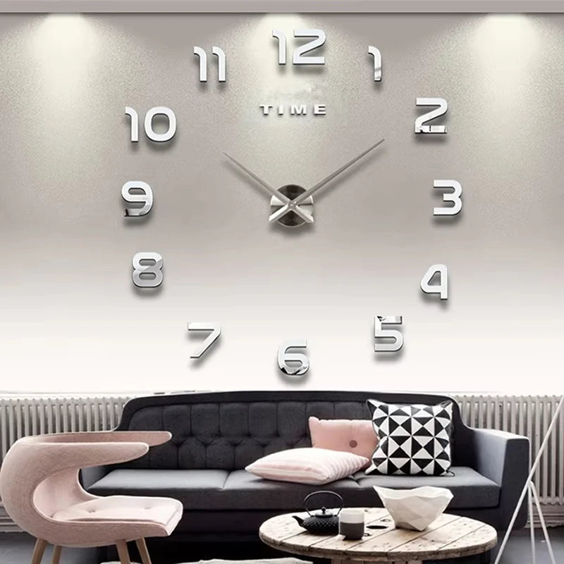 Gran Reloj de Pared 3D DIY Sin Marco con Espejo Acrílico – Decoración Elegante para Sala de Estar y Dormitorio