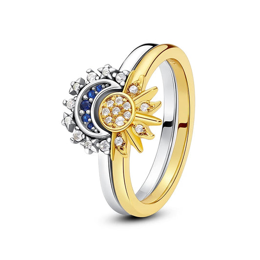 925 Sterling Silver Moon and Sun Engagement Ring with Crystals - Stackable Luxury Jewelry Gift for Women