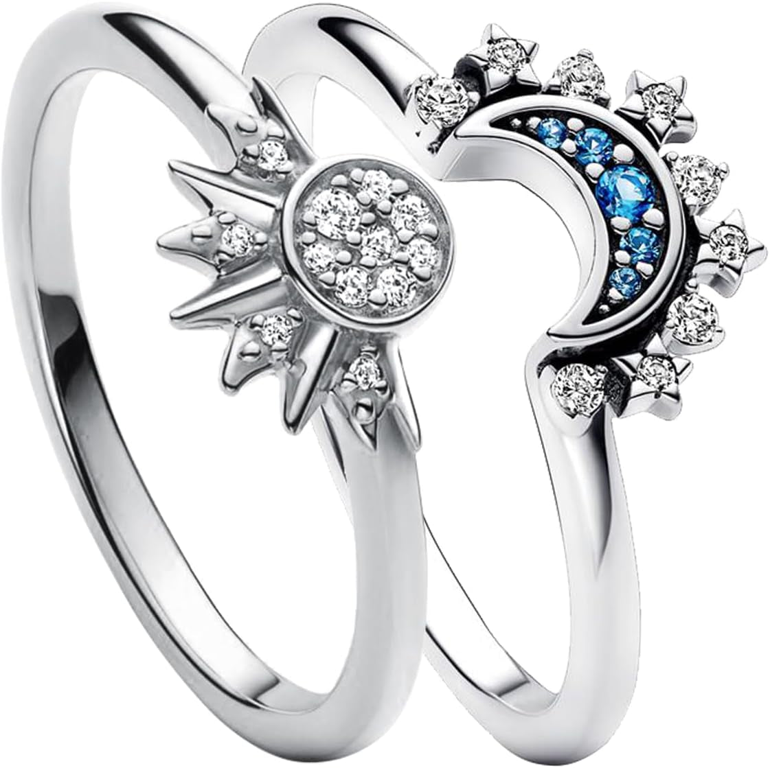 Celestial Sun and Moon Ring Set, Sparkling Sun Ring/Blue Moon Ring with 14K Gold/Silver Plating, Friendship Promise Ring, Stackable Celestial Rings, Gift for Women