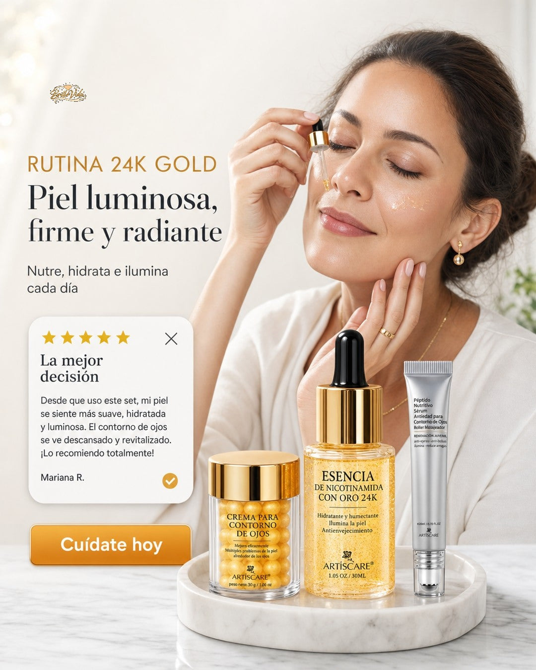 Set Skincare 24K Gold – Sérum, Crema Ojos y Esencia Facial