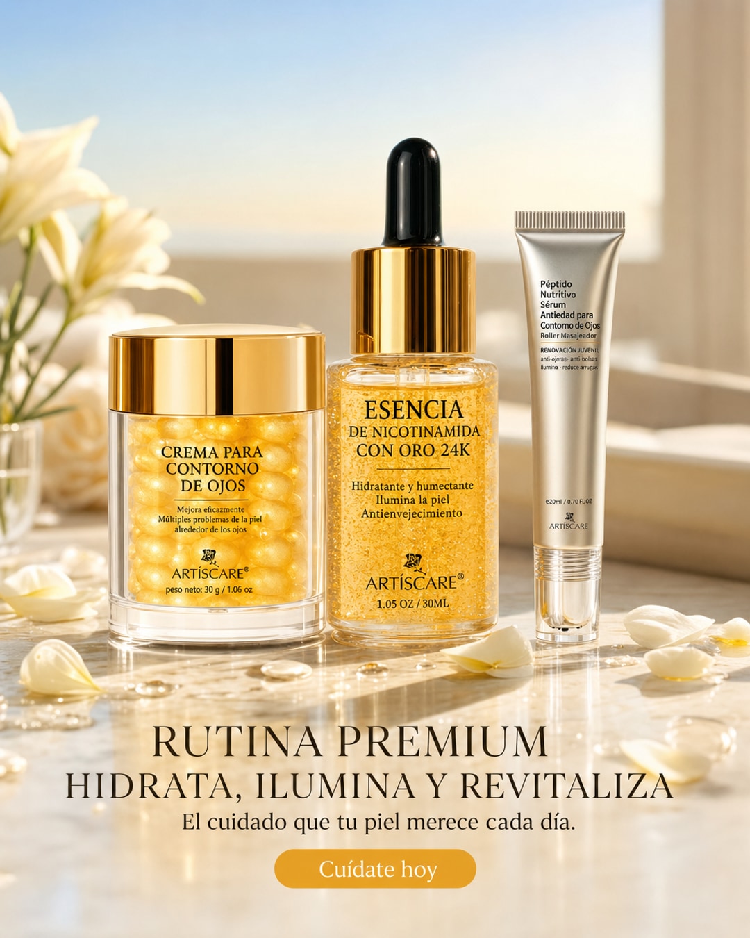 Set Skincare 24K Gold – Sérum, Crema Ojos y Esencia Facial