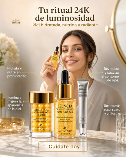 Set Skincare 24K Gold – Sérum, Crema Ojos y Esencia Facial