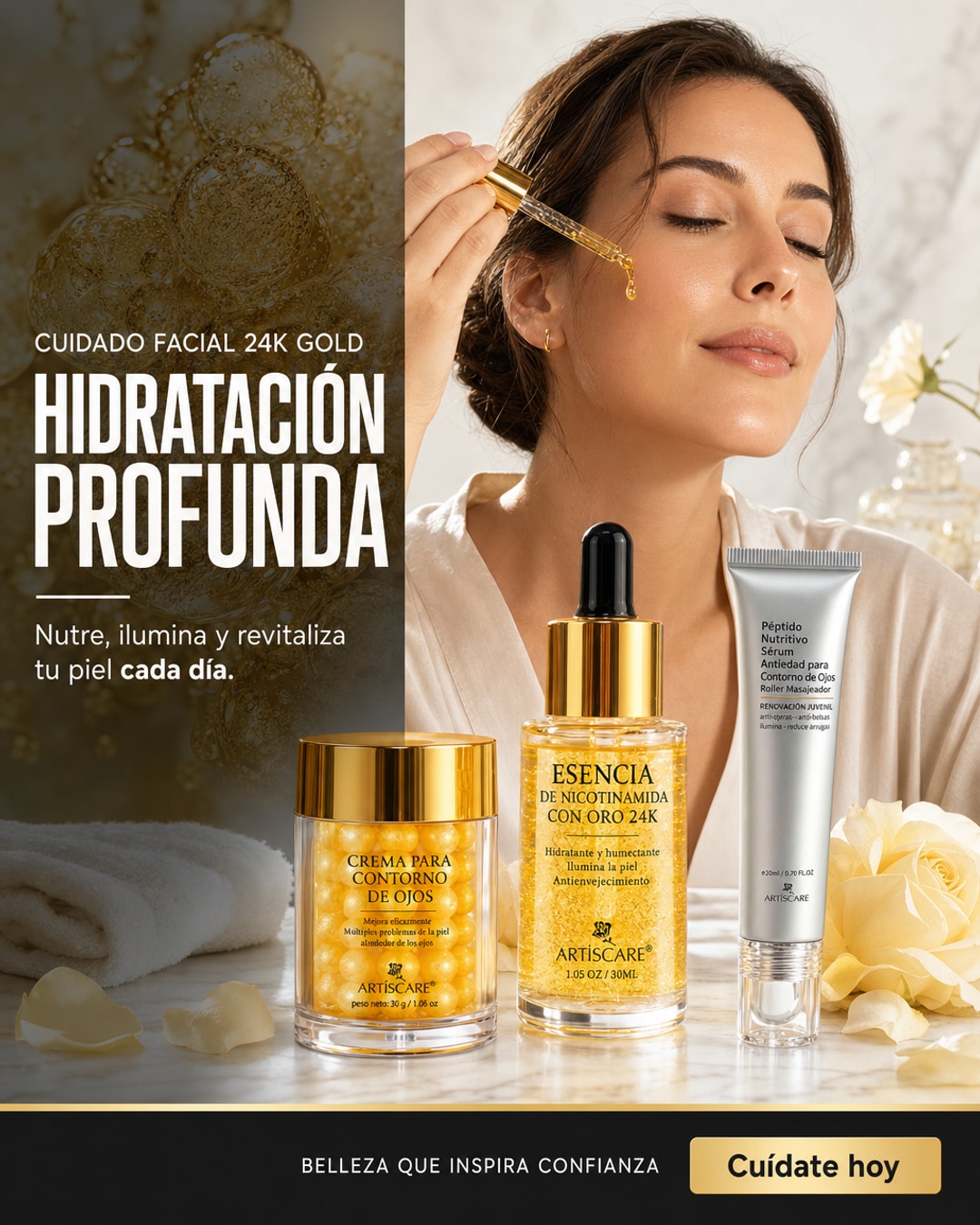 Set Skincare 24K Gold – Sérum, Crema Ojos y Esencia Facial
