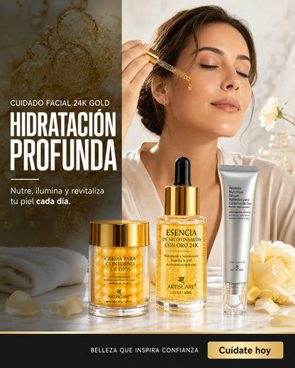 Set Skincare 24K Gold – Sérum, Crema Ojos y Esencia Facial