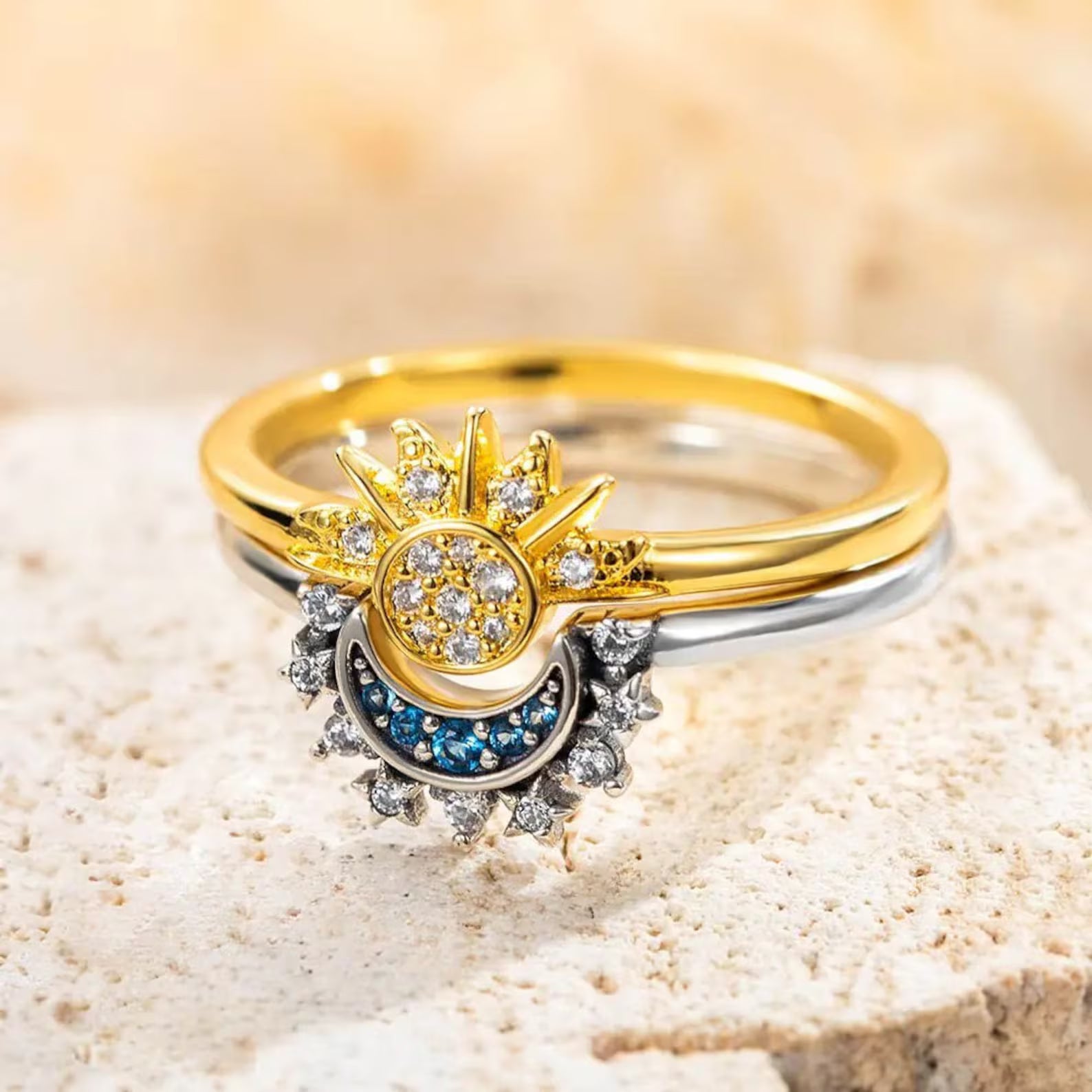 Set de Anillos de Plata de Ley 925 con Diseño de Sol y Luna para Mujer, con Circonitas Brillantes, Elegantes para Parejas.